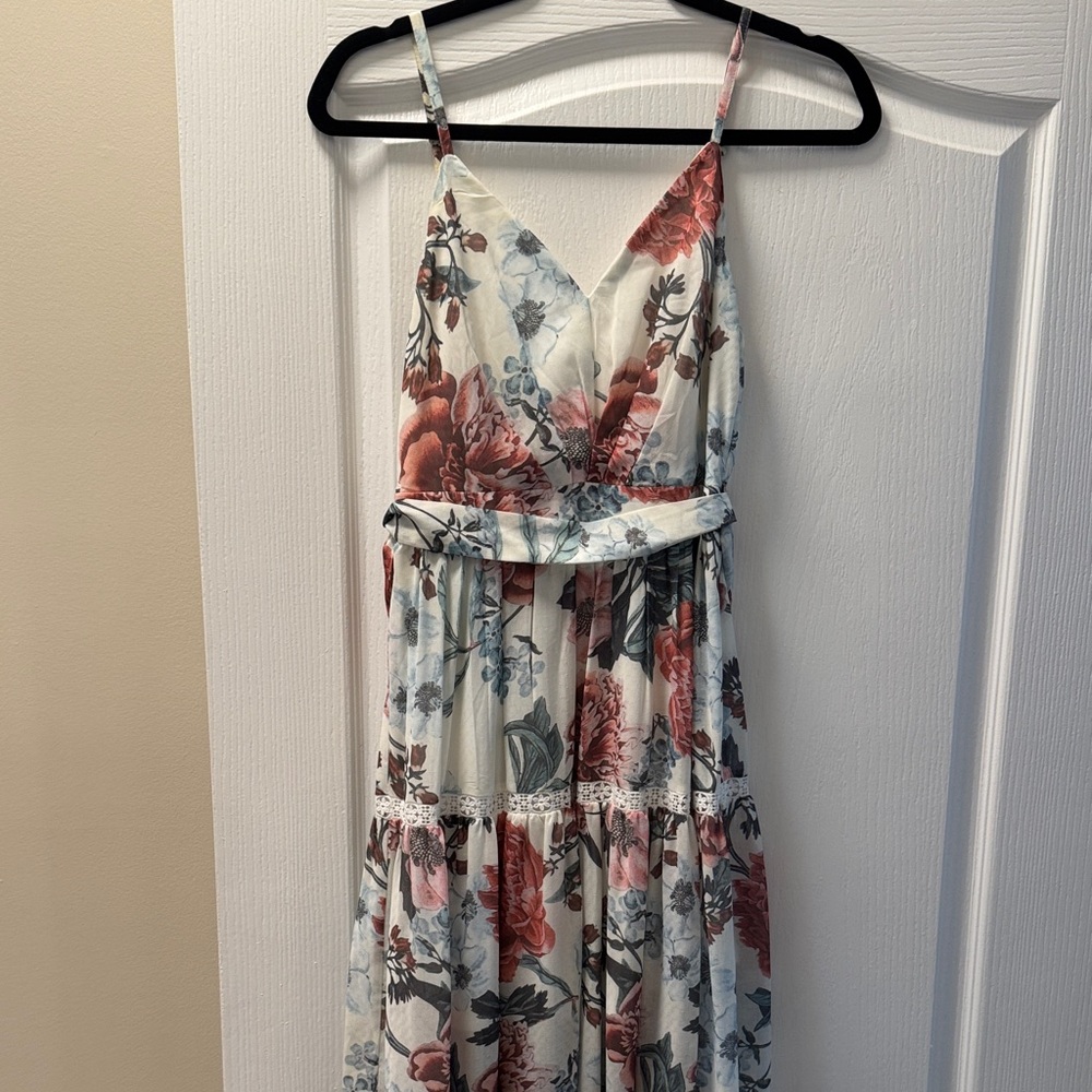 Floral V-Neck Spaghetti Strap Midi Dress - White with Pink & Blue Floral